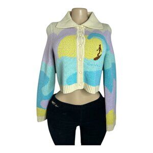 #849 House of Sunny Size 4 Soul Surfer graphic-print stretch-knit cardigan, NEW